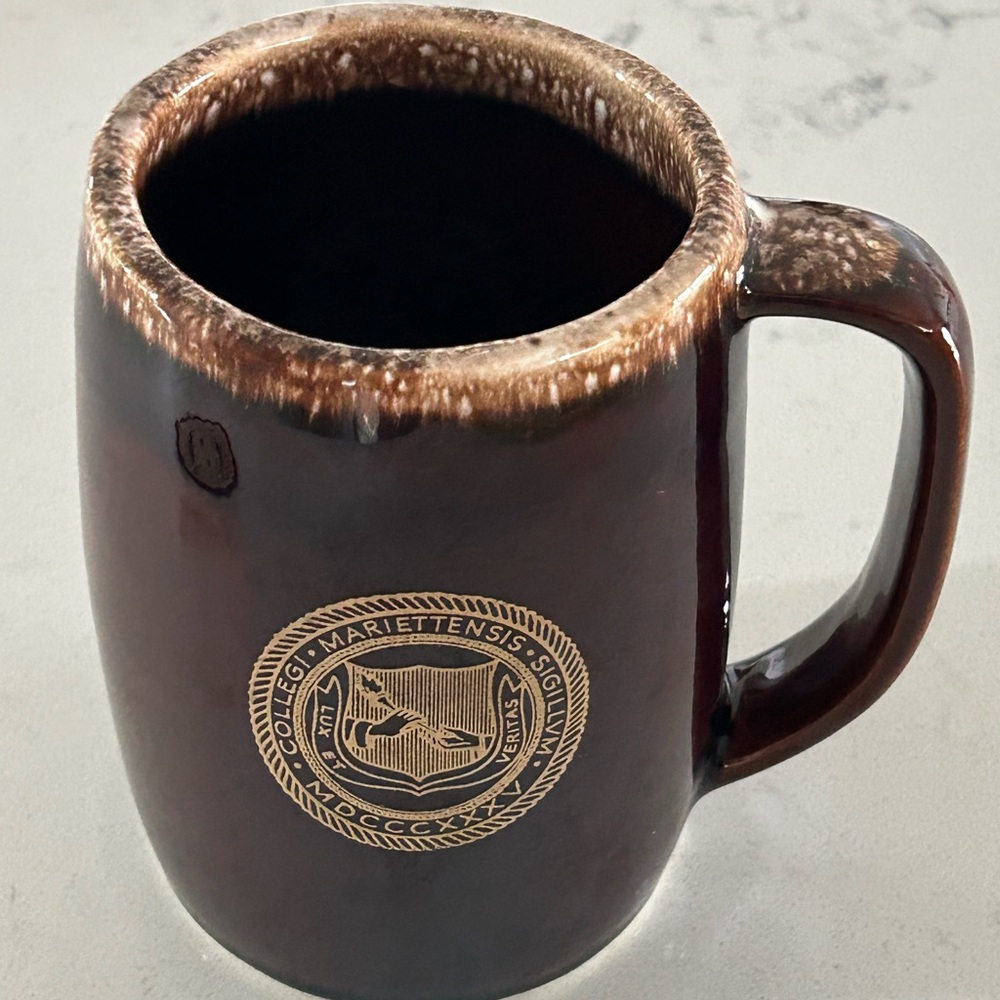 Vintage Hall Pottery Marietta College Mug w/felt Patch. 5”Tall by 3-1/4” wide